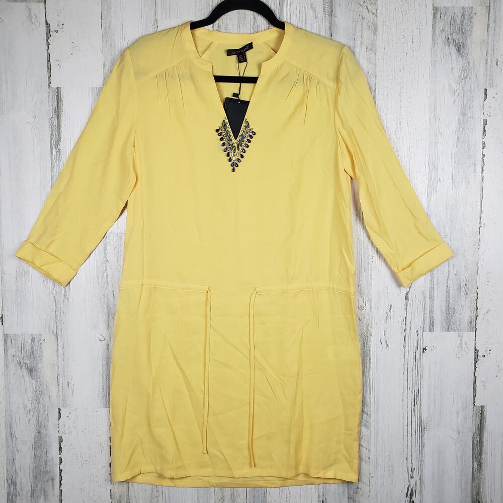 NWT Color Block Yellow Embellished Long Sleeve Mini Dress Women's Size Small
